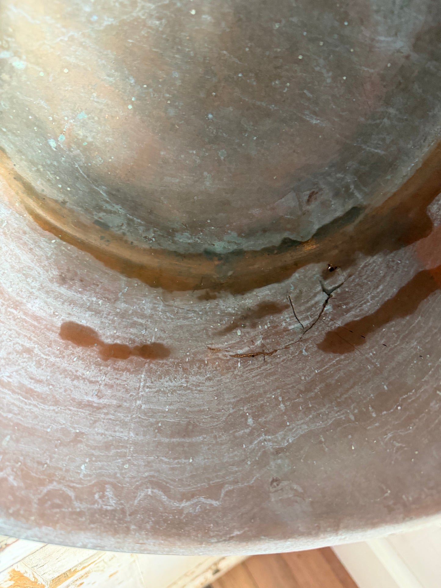 Antique French 1800’s Copper Cauldron With forged Iron Handle has repairs as shown