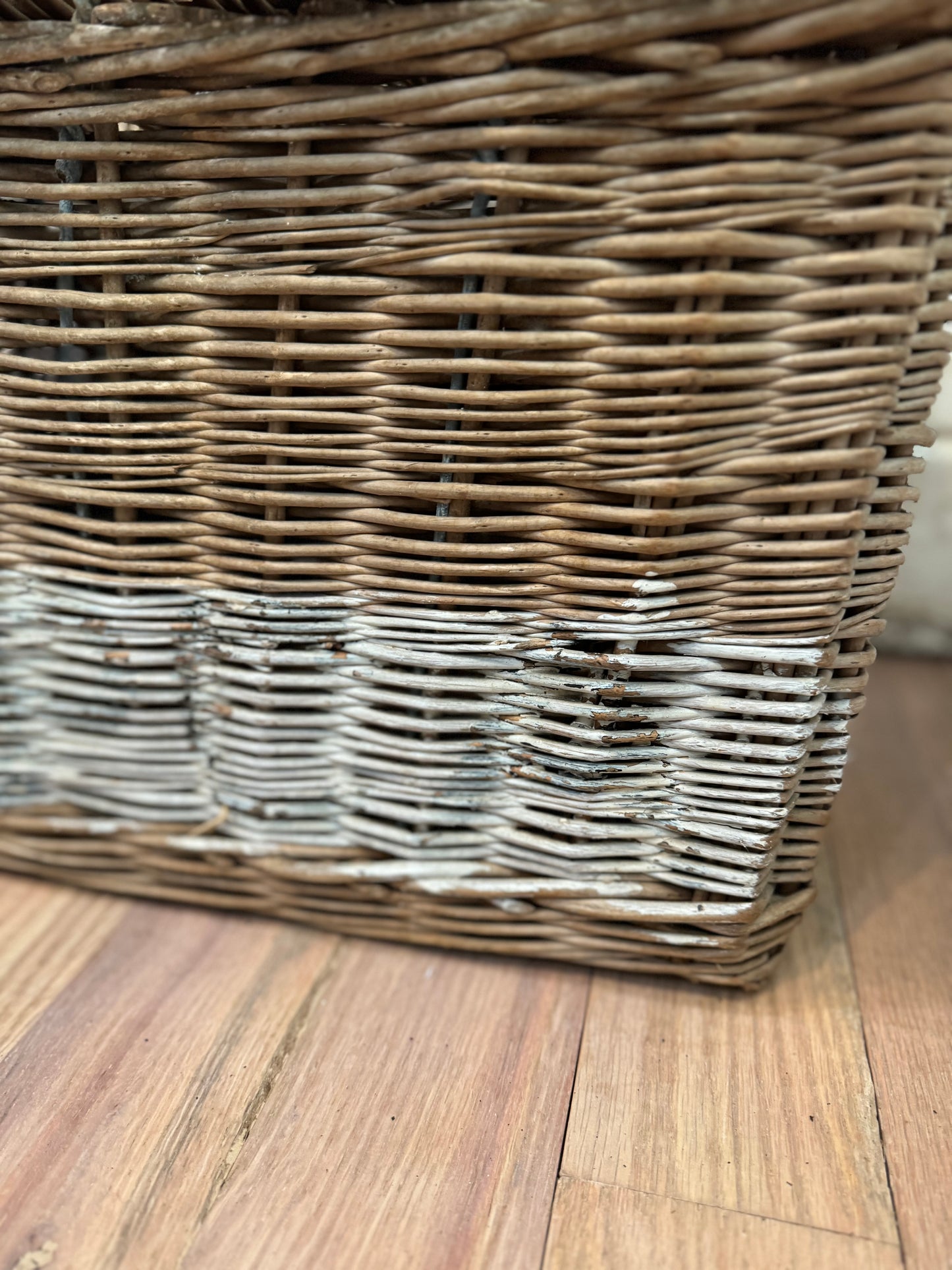 Antique Victorian English Wicker Basket with Leather Strap and raw hide leather stitching - original paint