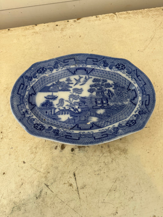 Antique Ironstone Willow Pattern Platter cracks have been repaired