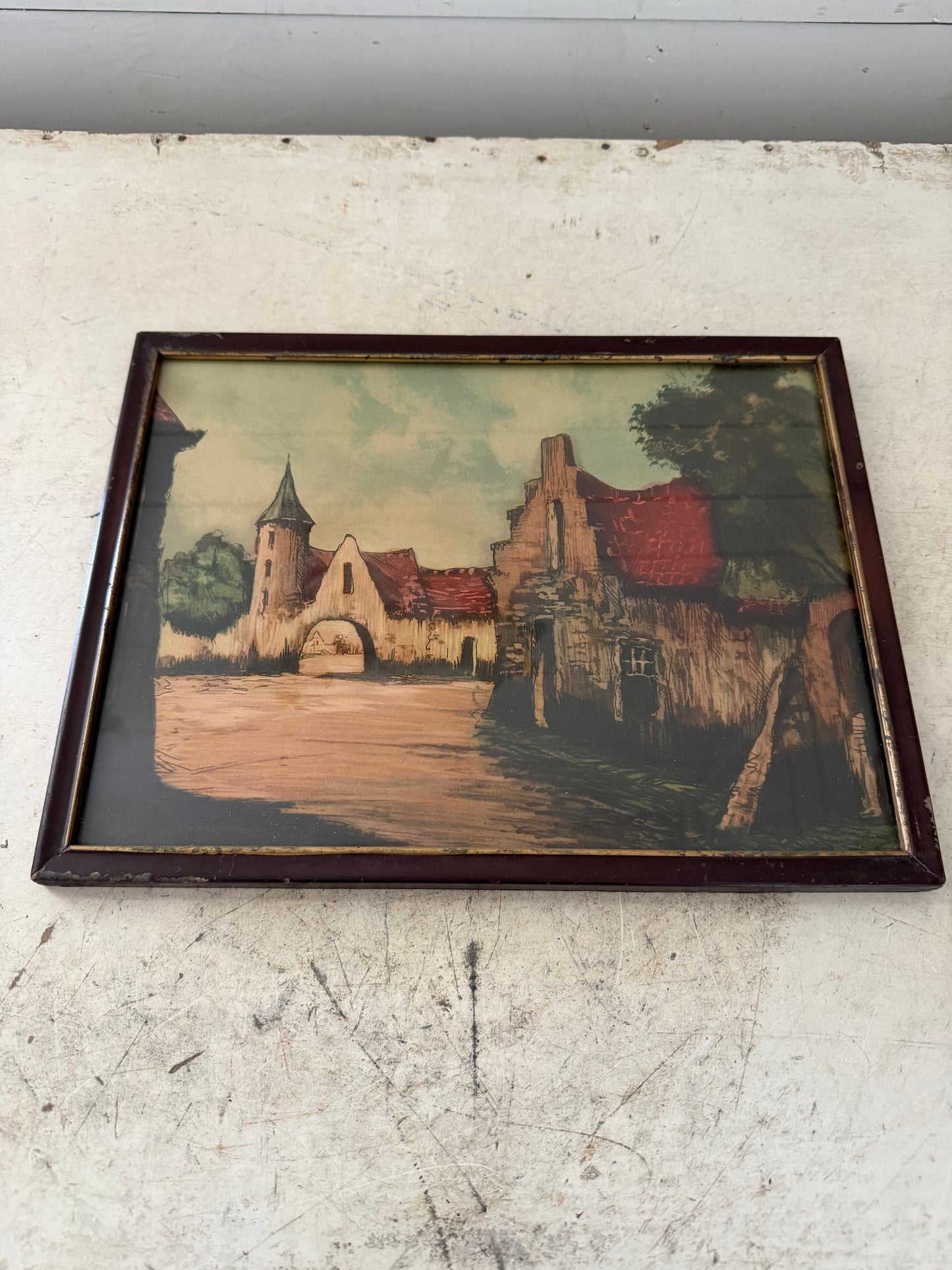 vintage framed European architectural art print