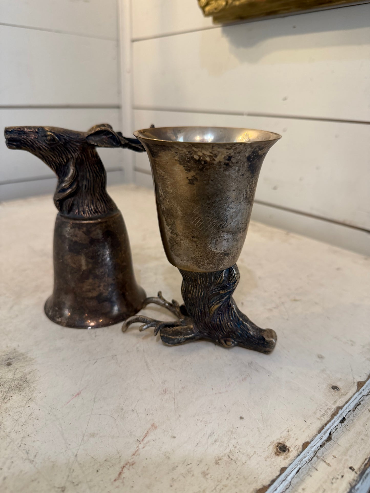 Vintage Silverplate Stag Upside Down Head Stirrup 6oz CUP set