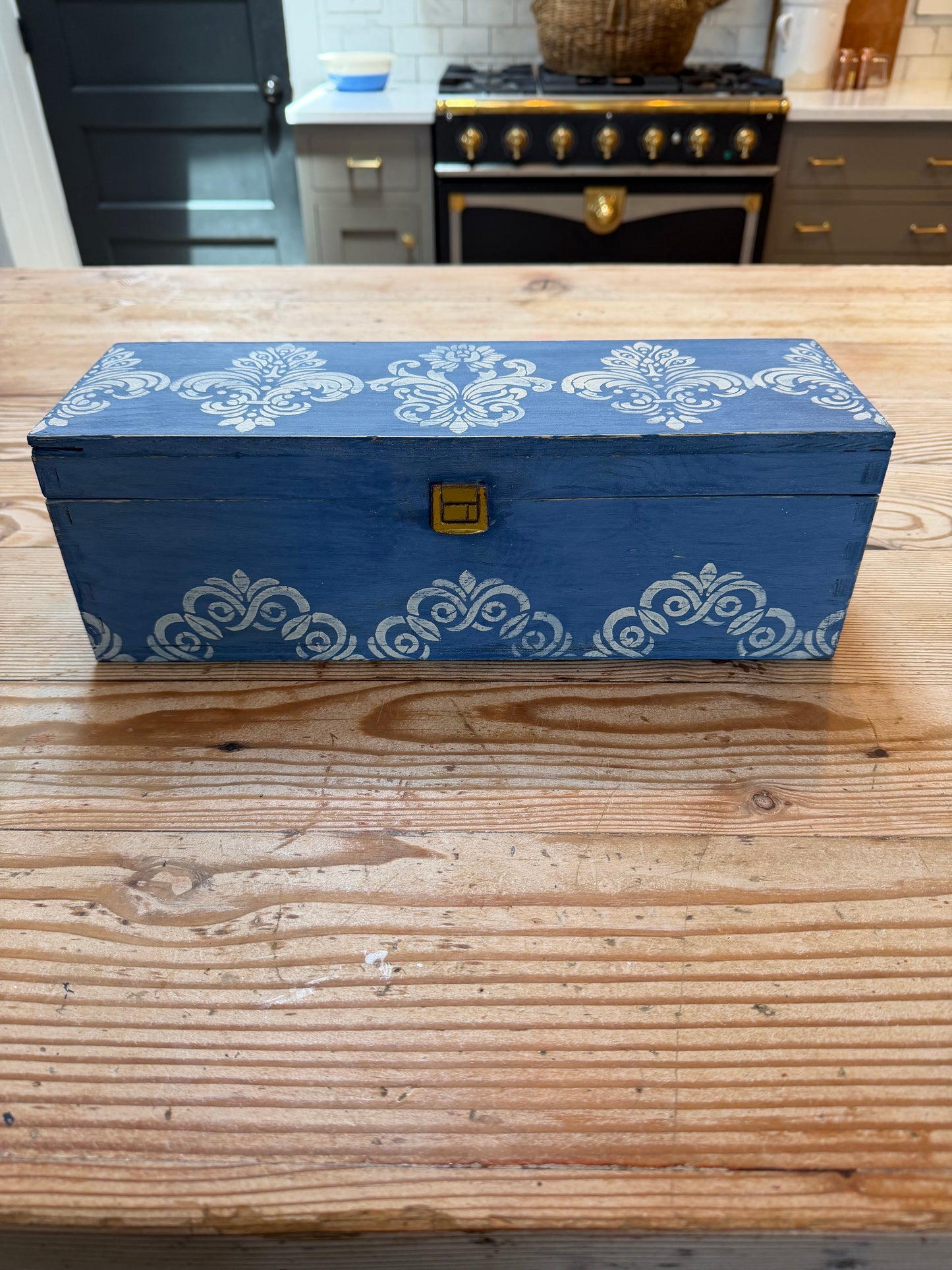 Vintage Wood Trinket Box Painted in Federal Blue milk Paint With Damask Stencils