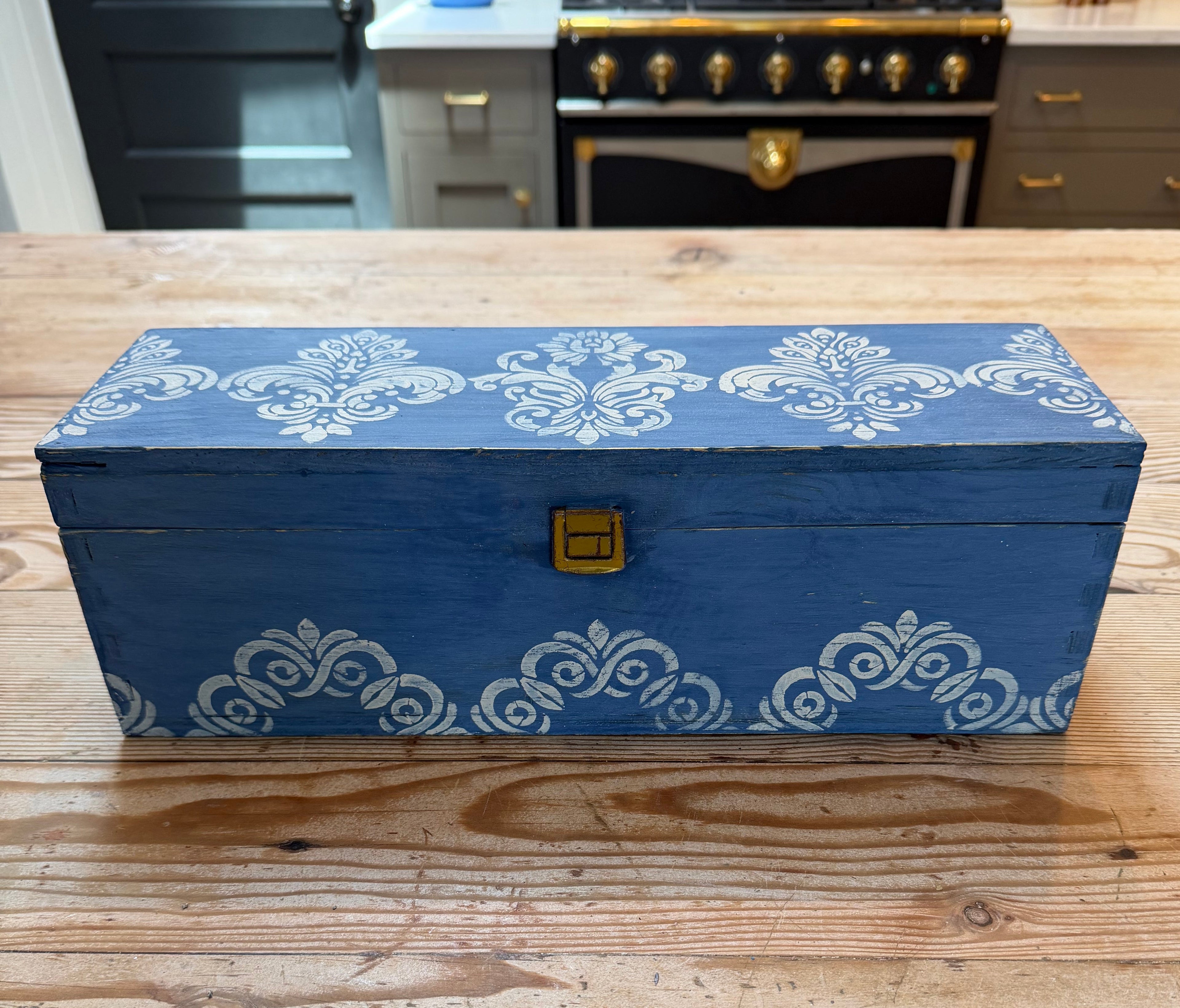 Vintage Wood Trinket Box Painted in Federal Blue milk Paint With Damask Stencils