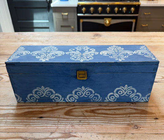 Vintage Wood Trinket Box Painted in Federal Blue milk Paint With Damask Stencils
