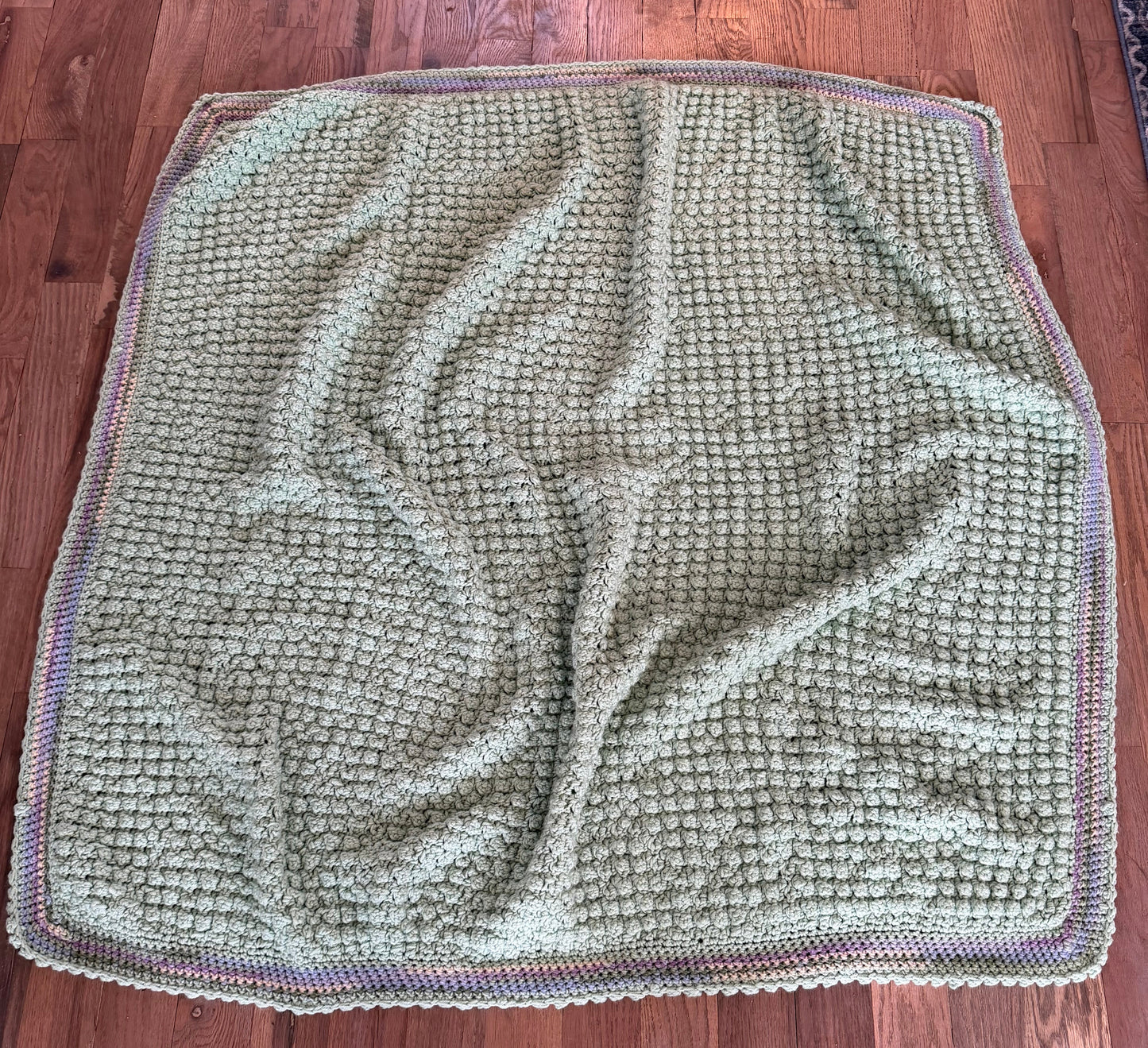 Vintage Sage Green Afghan with soft purple trim