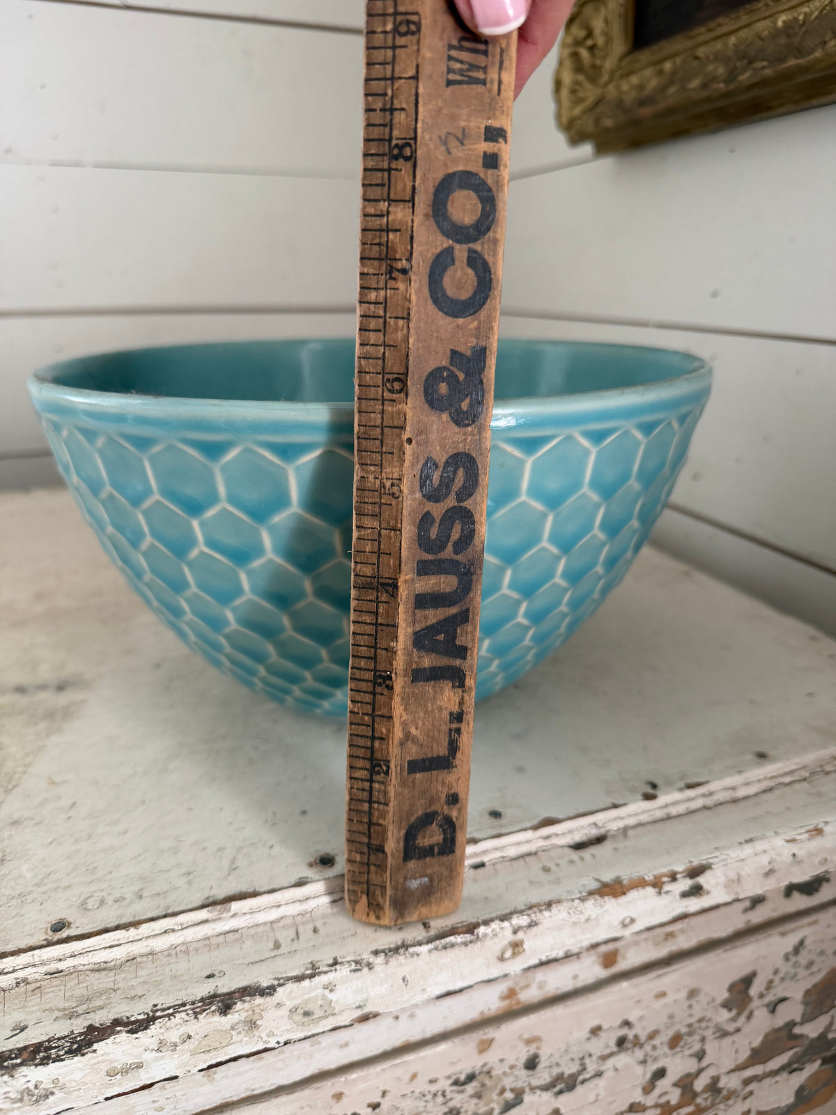 Blue honeycomb ceramic serving bowl