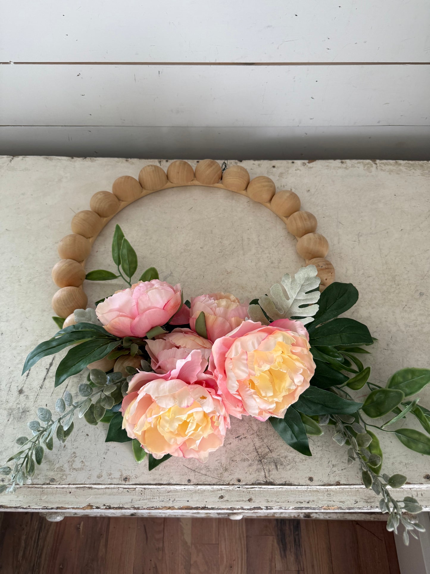 Wood bead floral wreath