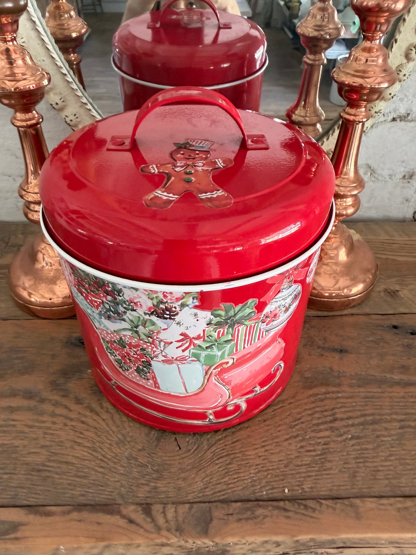 Red Enamel Sleigh Canister with Lid