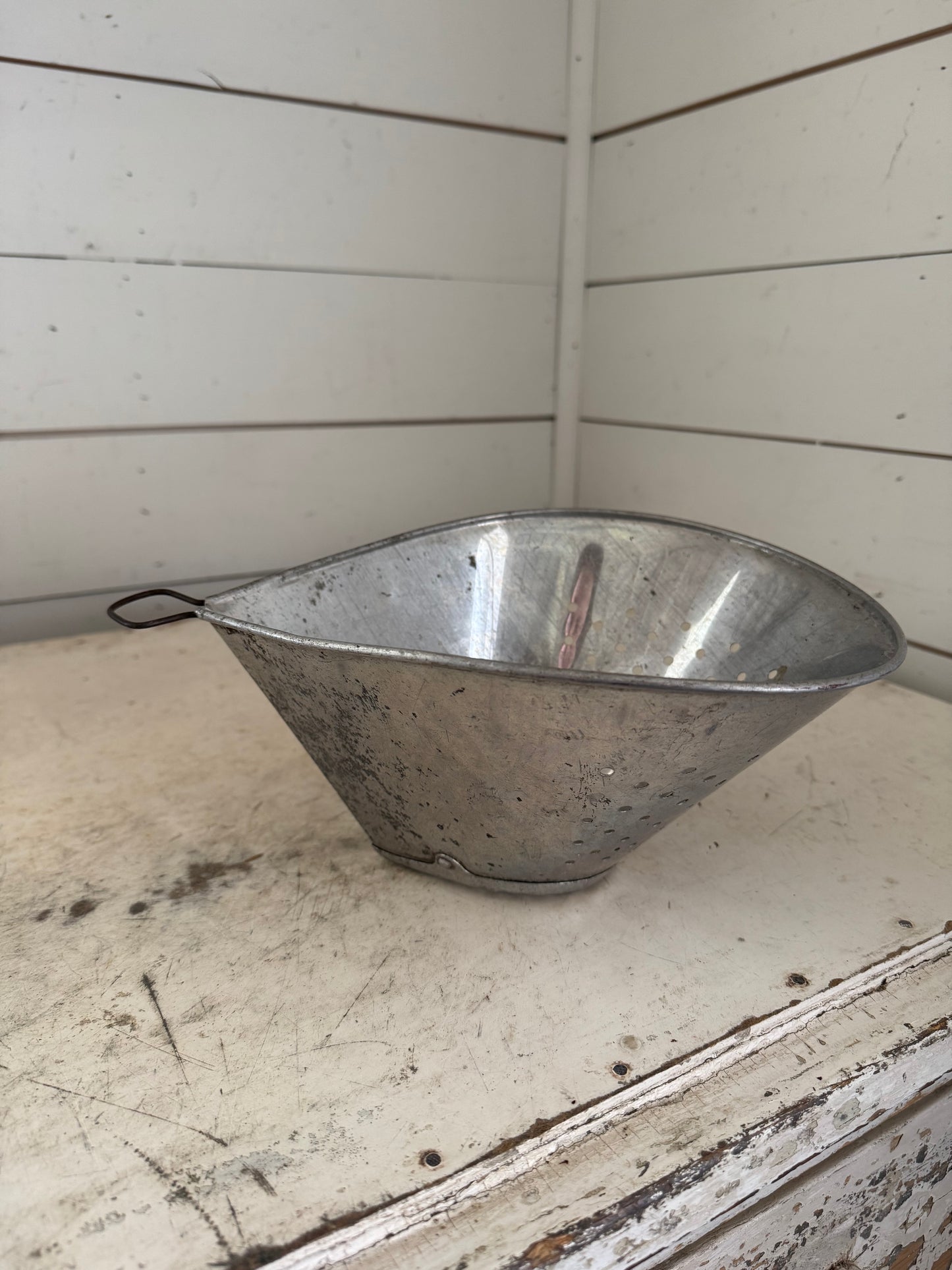 Antique Teardrop Metal Strainer/Colander Sieve Hanging Loop Riveted Base