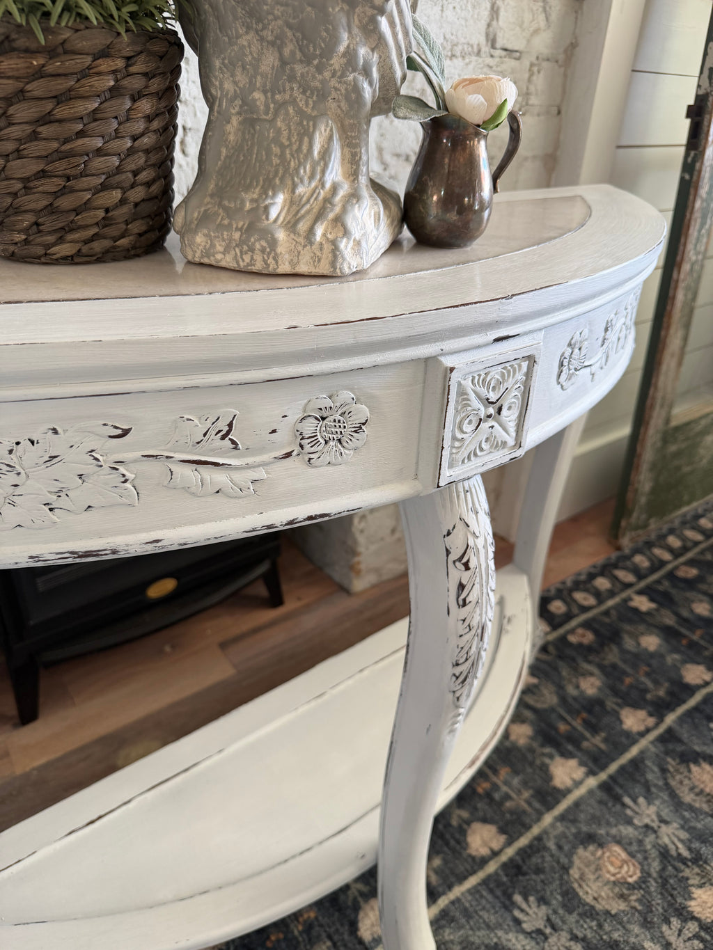 White Distressed Sofa Table with marble top