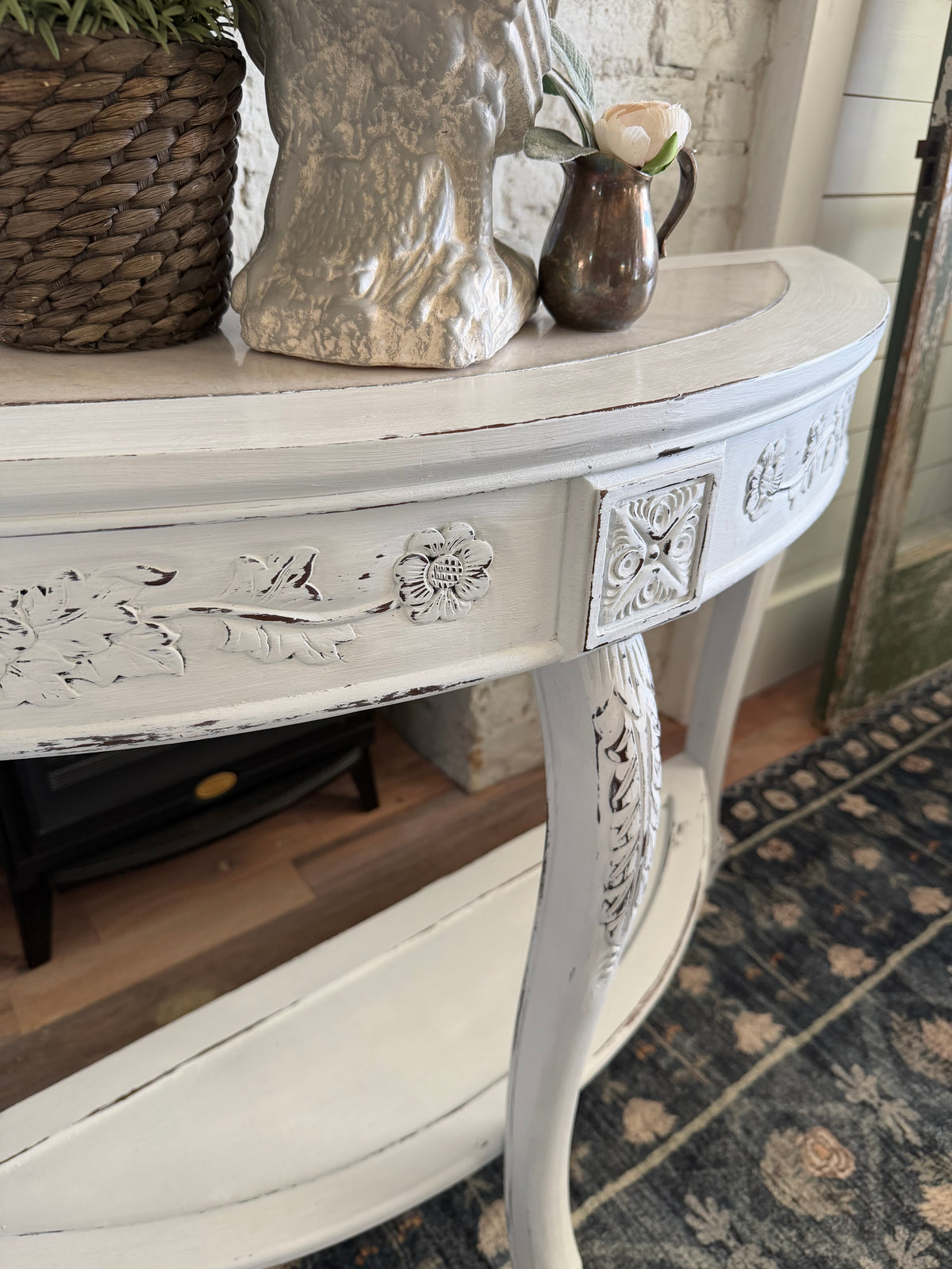 White Distressed Sofa Table with marble top