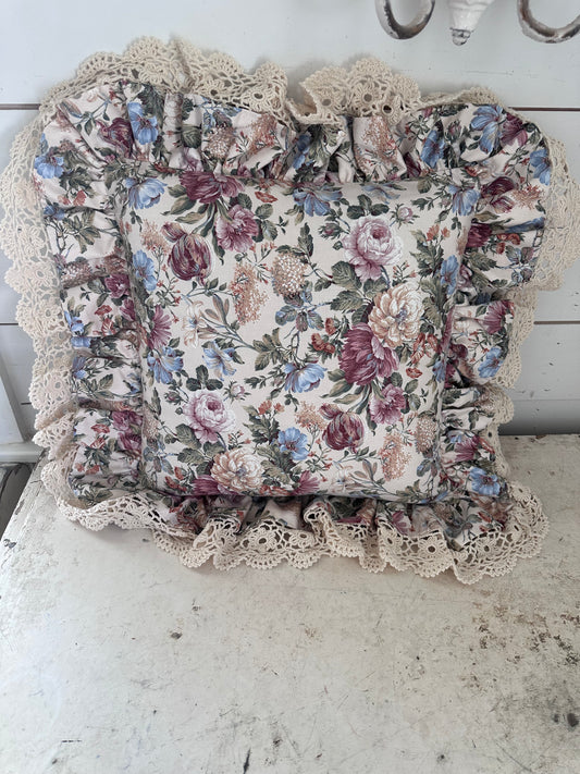 Floral pillow with hand crocheted edge - sold individually