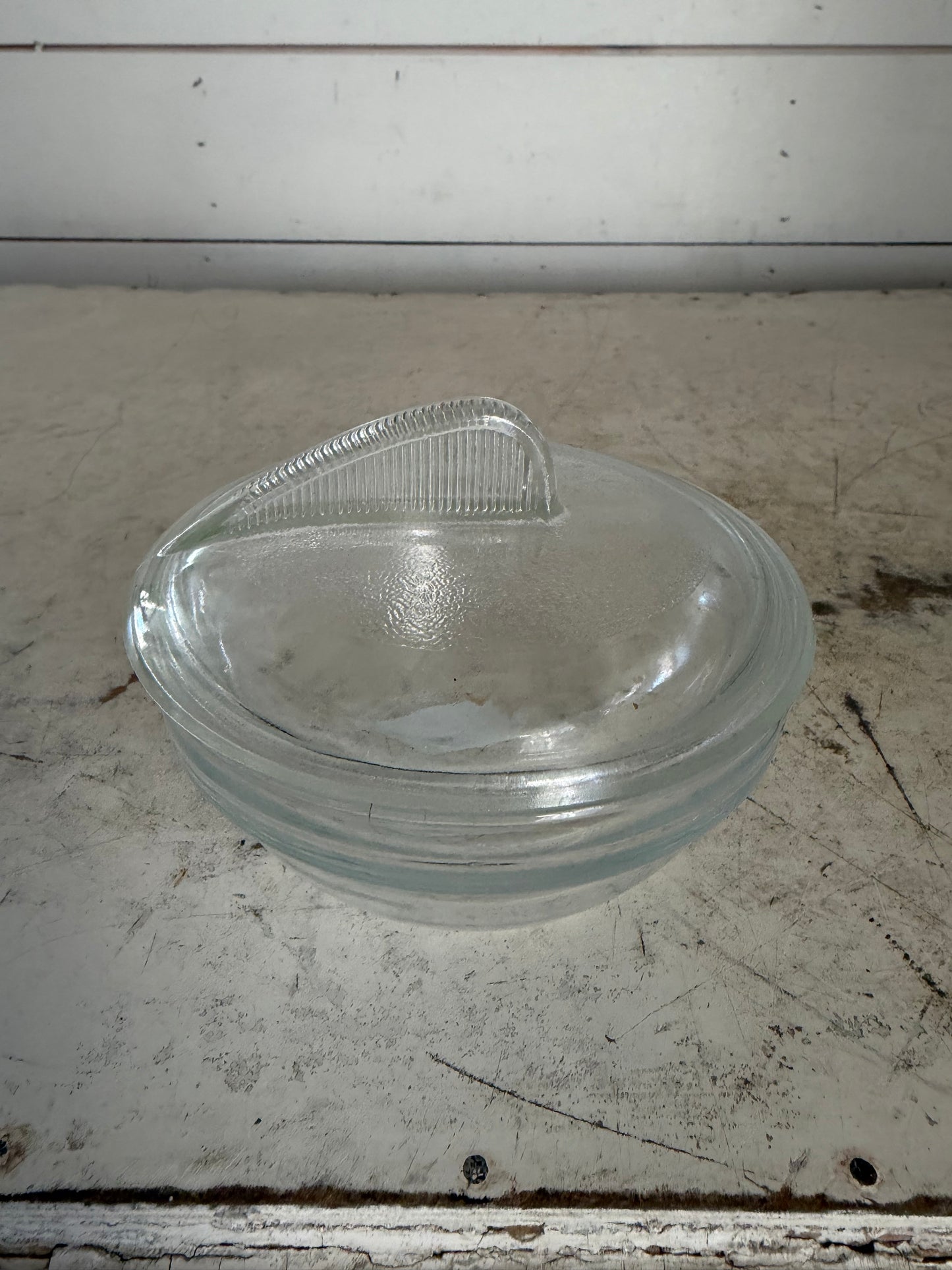vintage Glasbake clear glass covered serving dish with fin