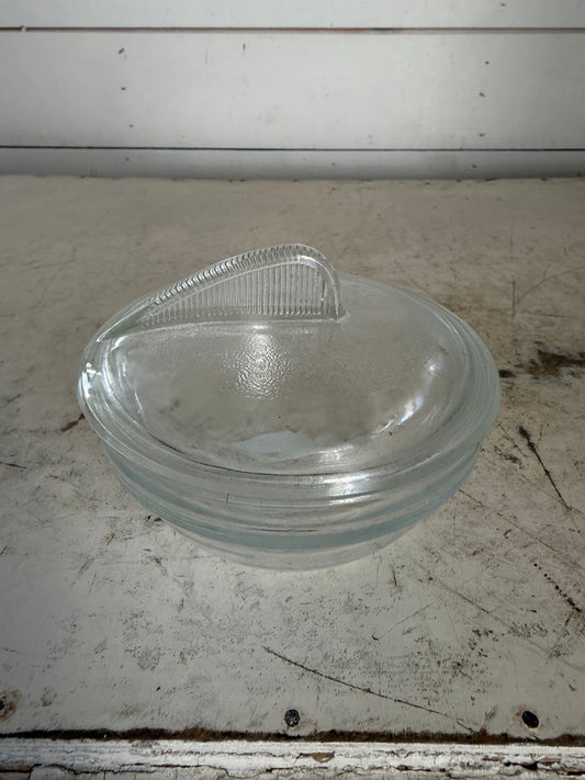 vintage Glasbake clear glass covered serving dish with fin
