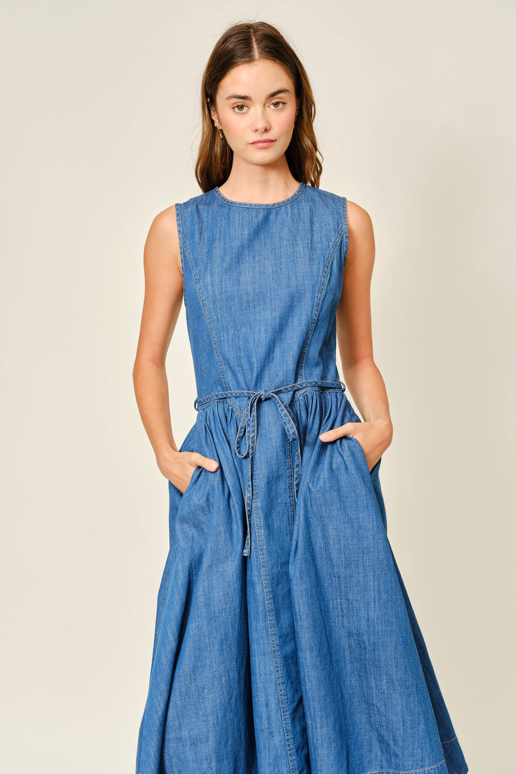 BELTED PANELED DENIM MIDI DRESS