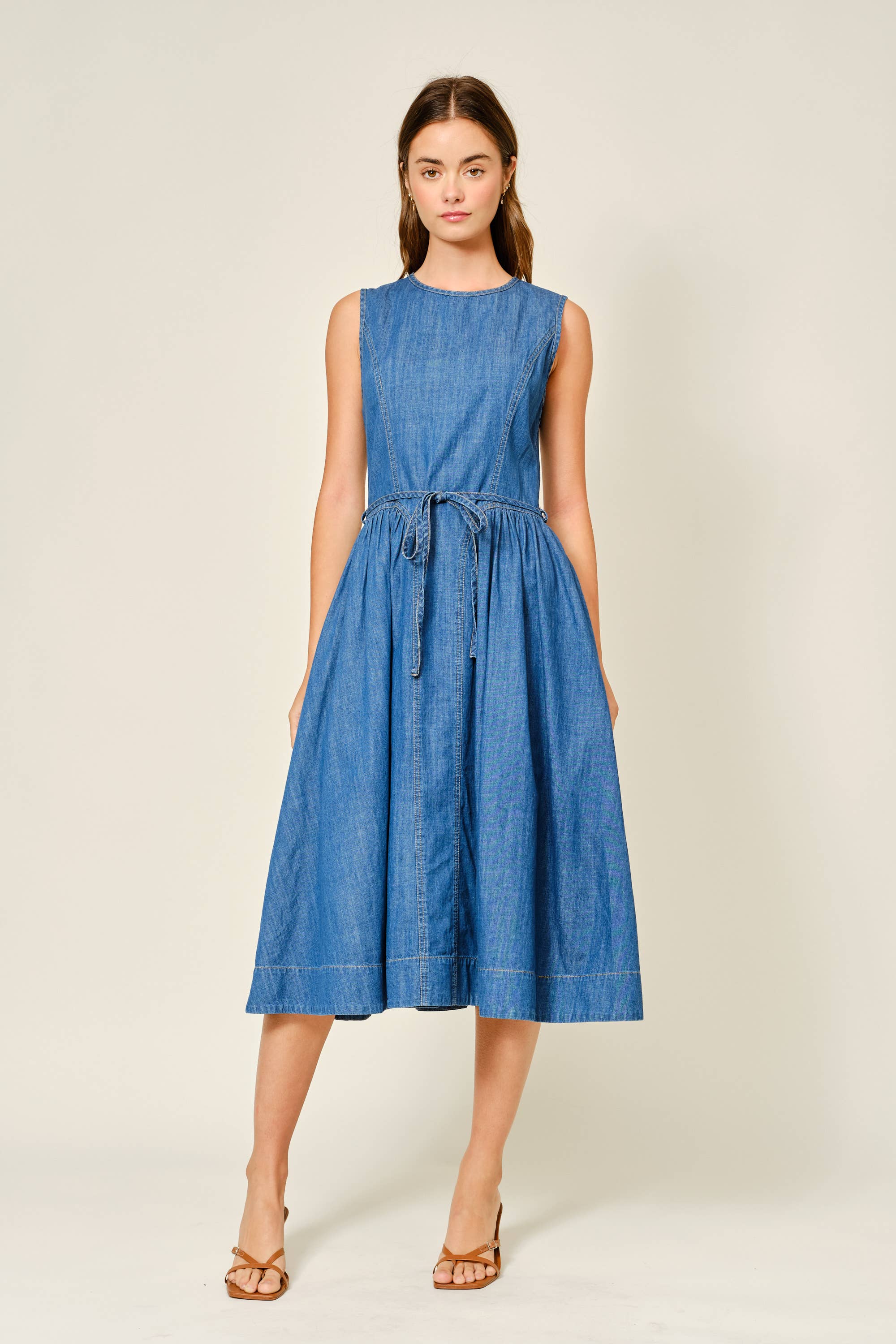 BELTED PANELED DENIM MIDI DRESS