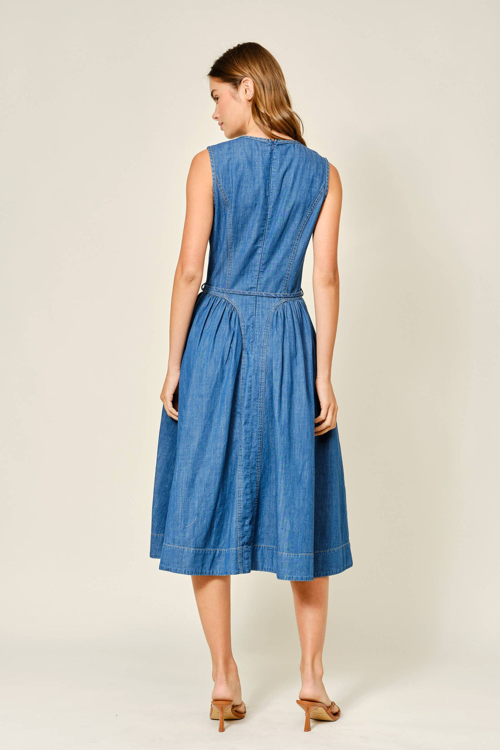 BELTED PANELED DENIM MIDI DRESS