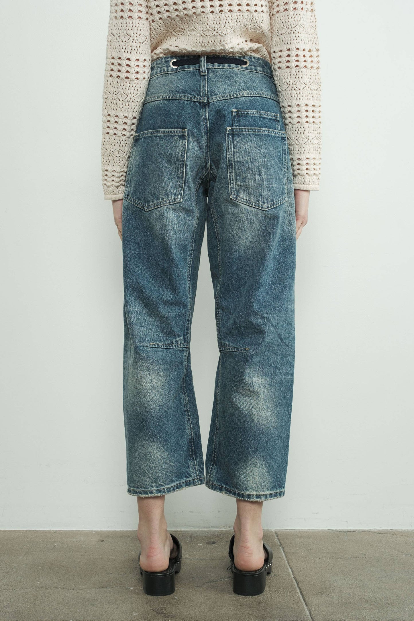 Barrel Denim Pants with Eyelet Waist: Medium Wash