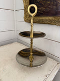 Two tiered tray, silver, and gold tone metal