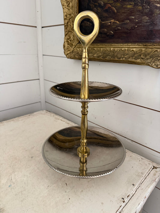 Two tiered tray, silver, and gold tone metal