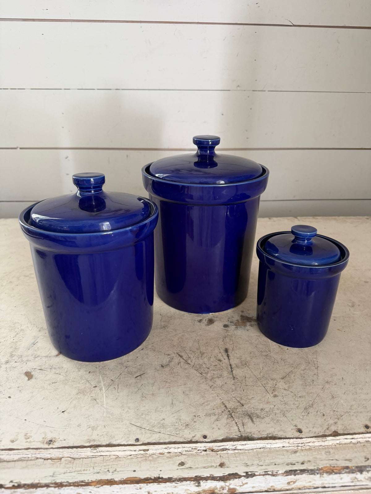 3 Vintage Cobalt Blue Glazed Ceramic Canisters Knob Lid Terracotta Rim Japan