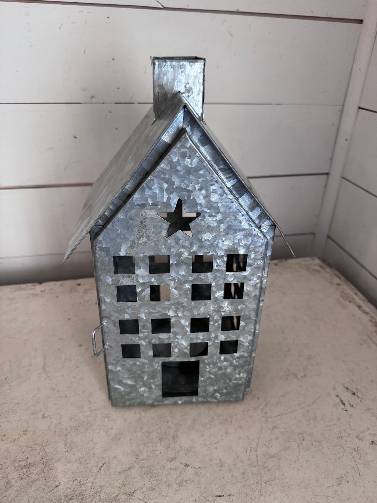 Galvanized village house candle holder