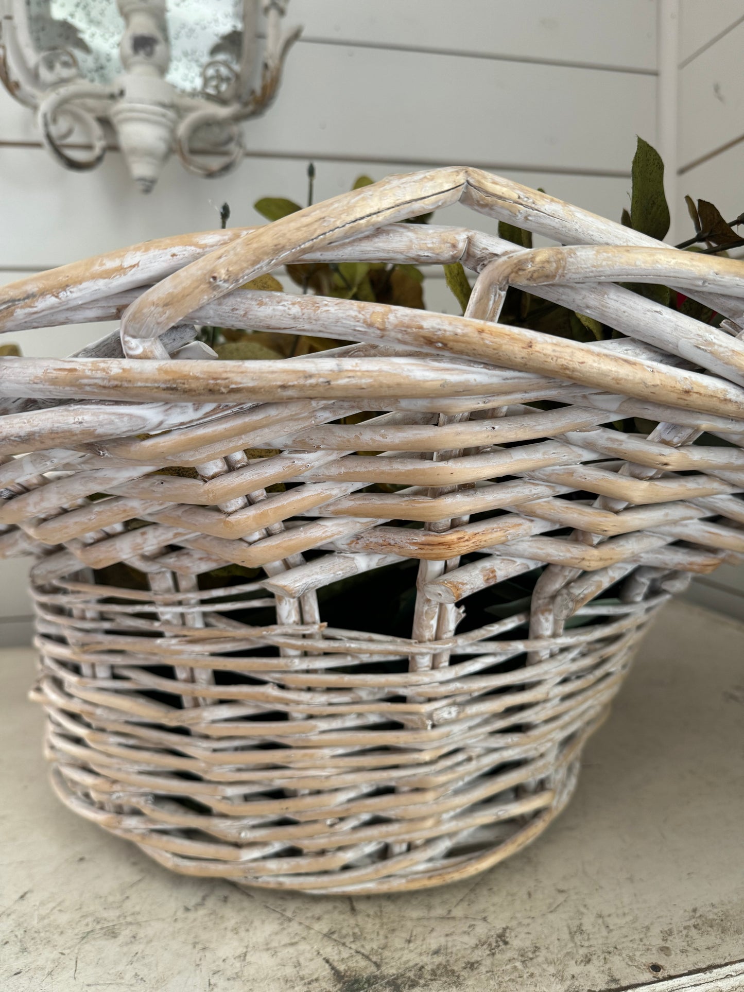 Oversized White Washed White Wicker Basket - greenery not included