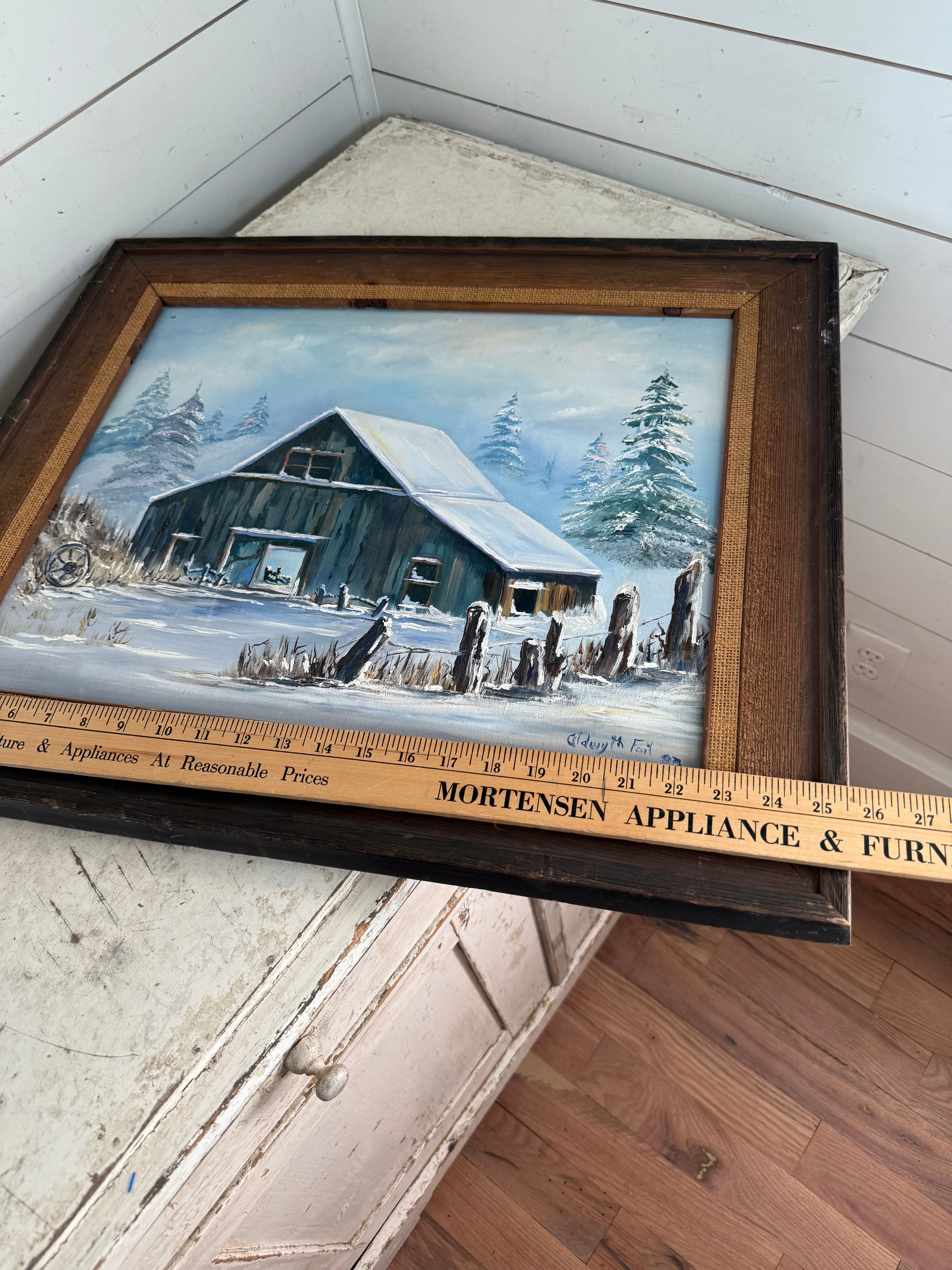 Original Oil Painting Winter Barn Pastoral