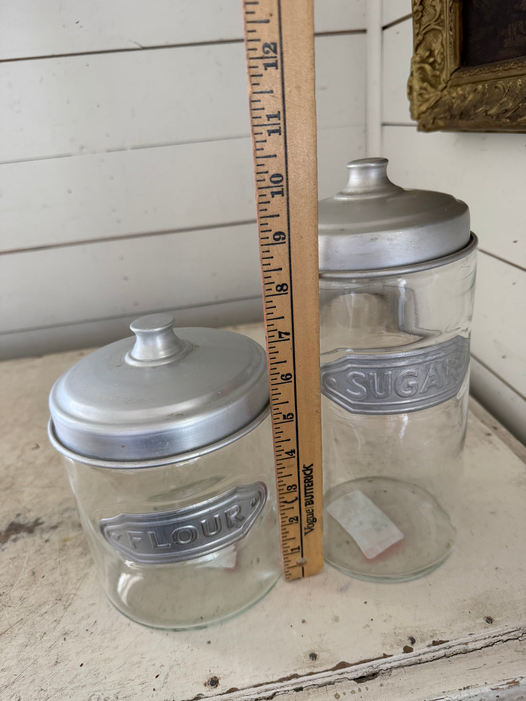 Glass flour and sugar canister set with metal lid
