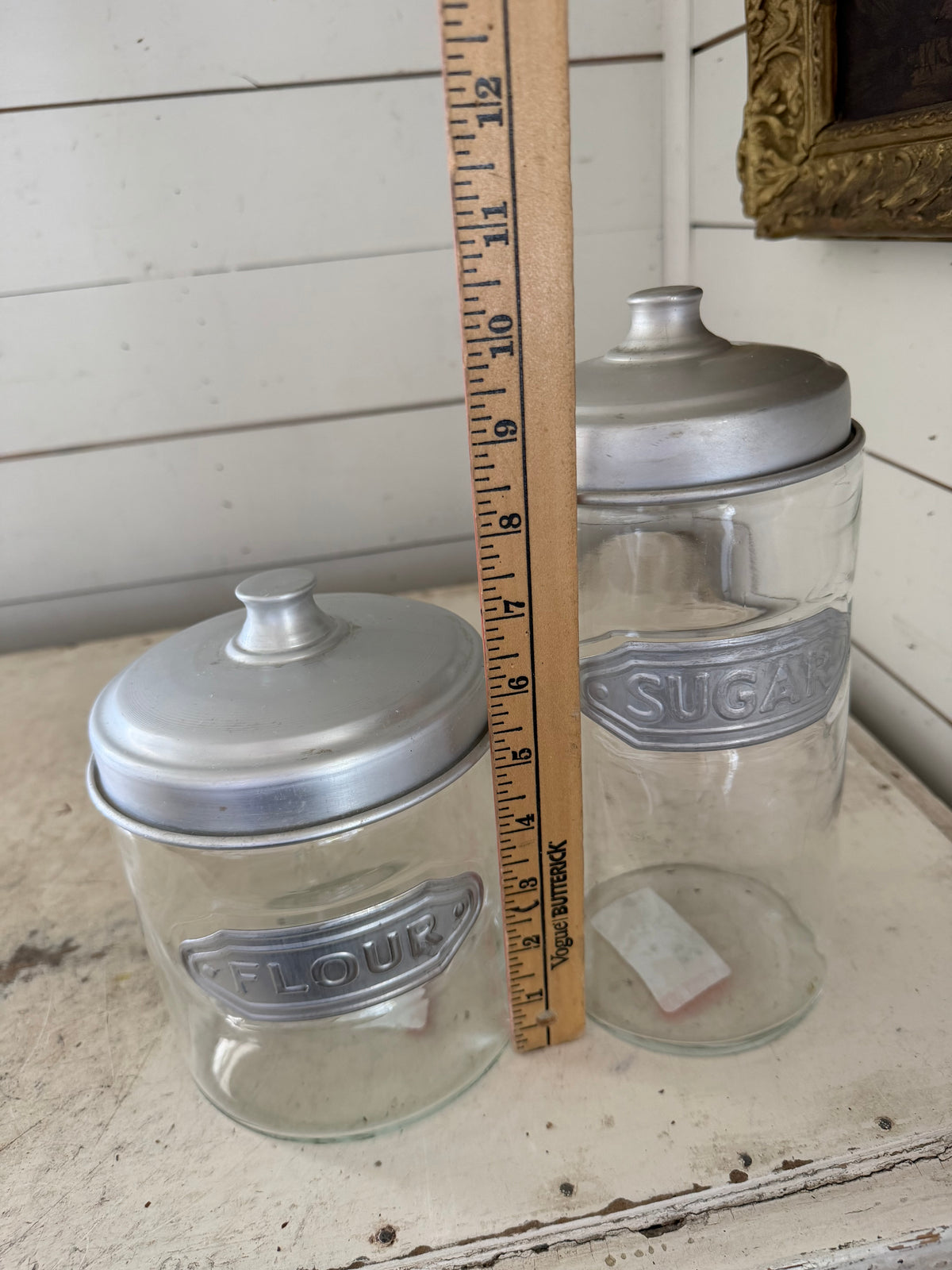 Glass flour and sugar canister set with metal lid