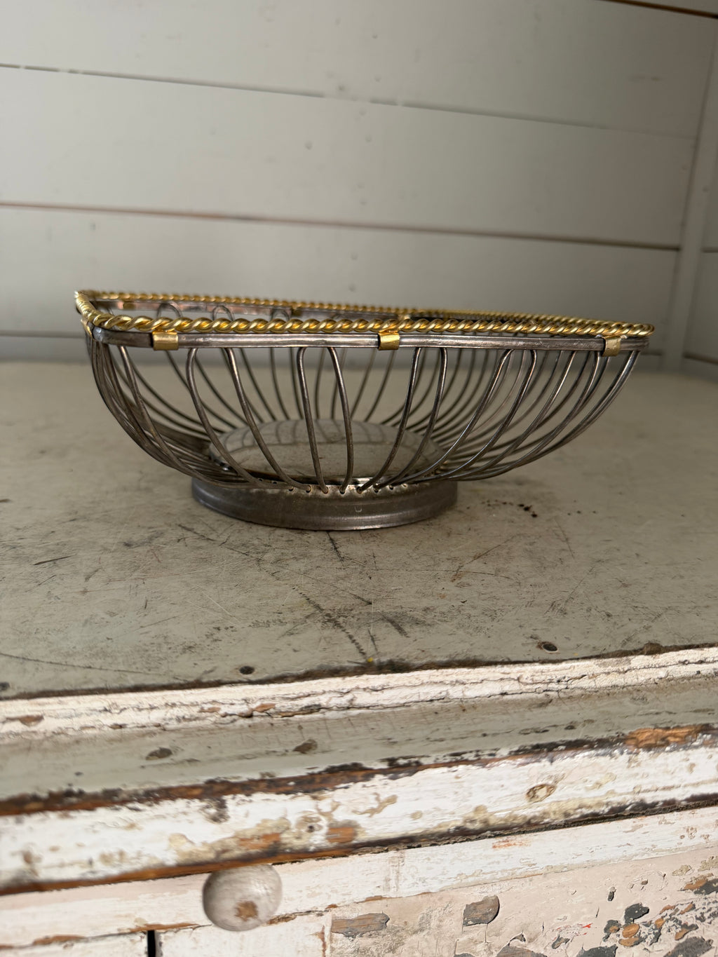 Vintage wire basket with brass trim