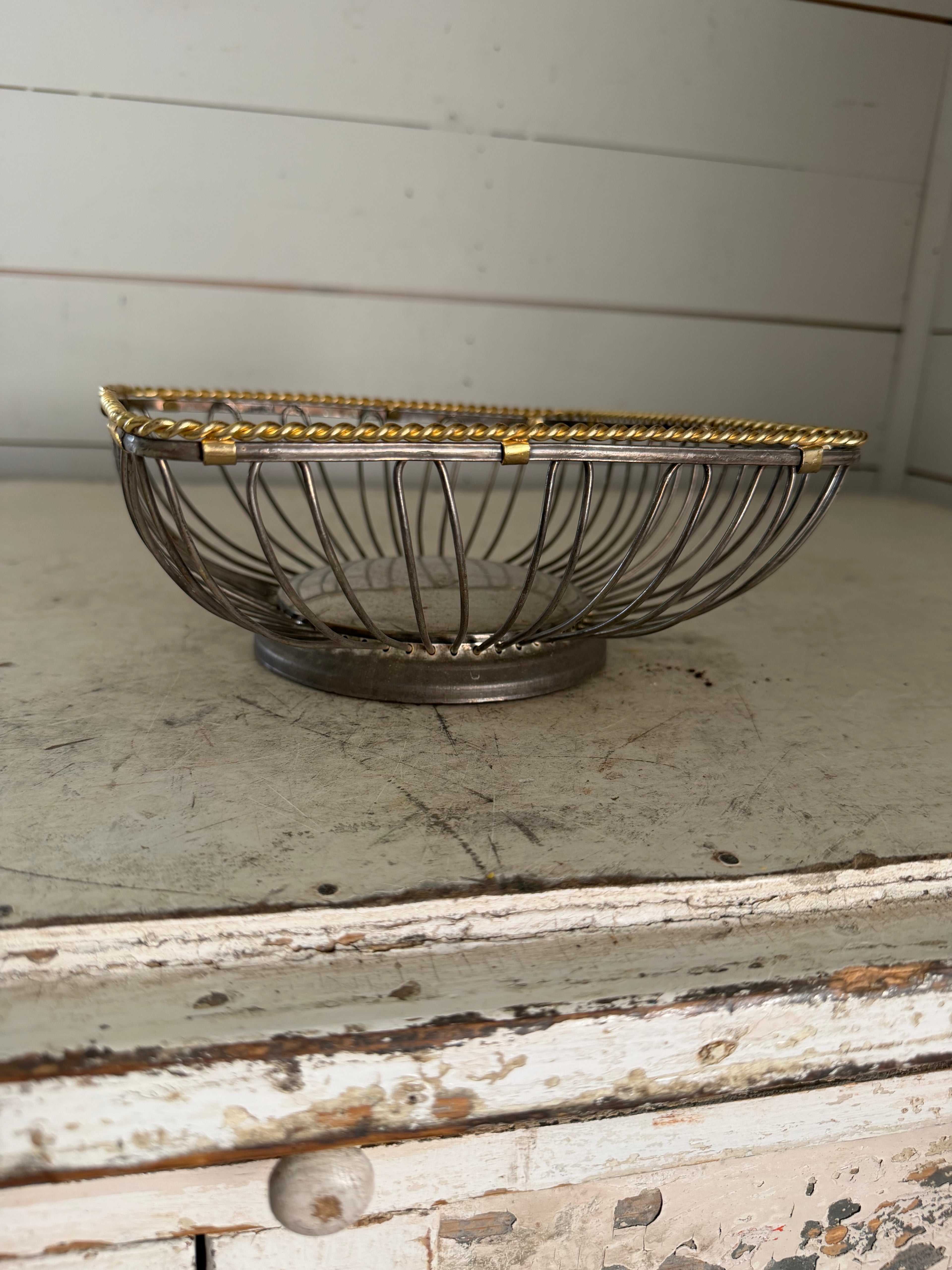 Vintage wire basket with brass trim
