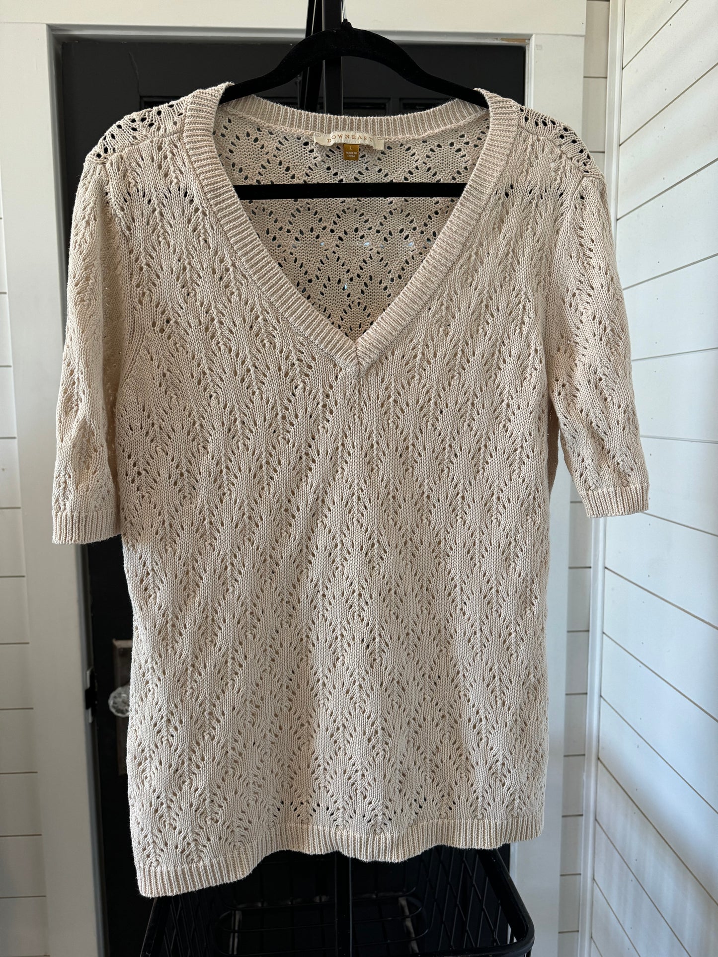 Cream Short Sleeve Knit Sweater Downeast - Large