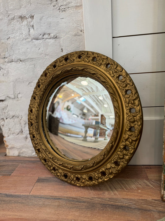 Antique English Gold Plaster Mirror with Original Domed Mirror 18” across