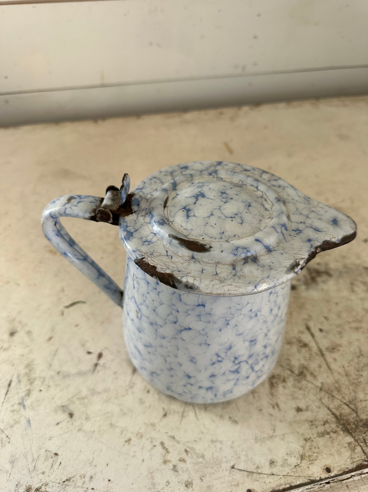 Antique French Blue  and White Enamel Pot with hinged lid