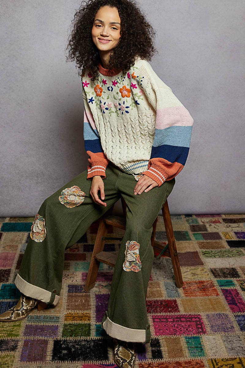 Color block pattern floral embroidered chenille sweater top