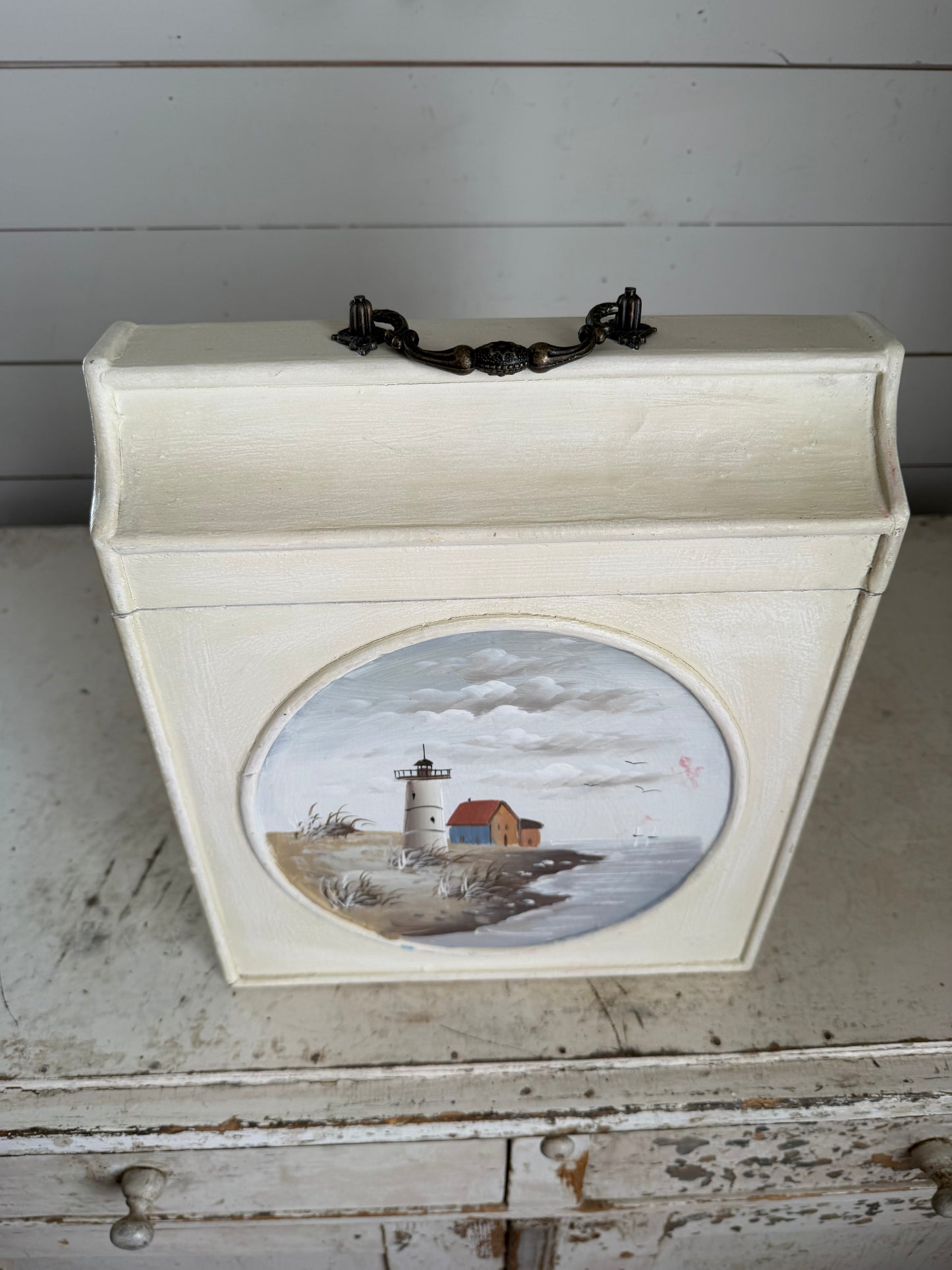 Hand painted lighthouse scenes wood storage box