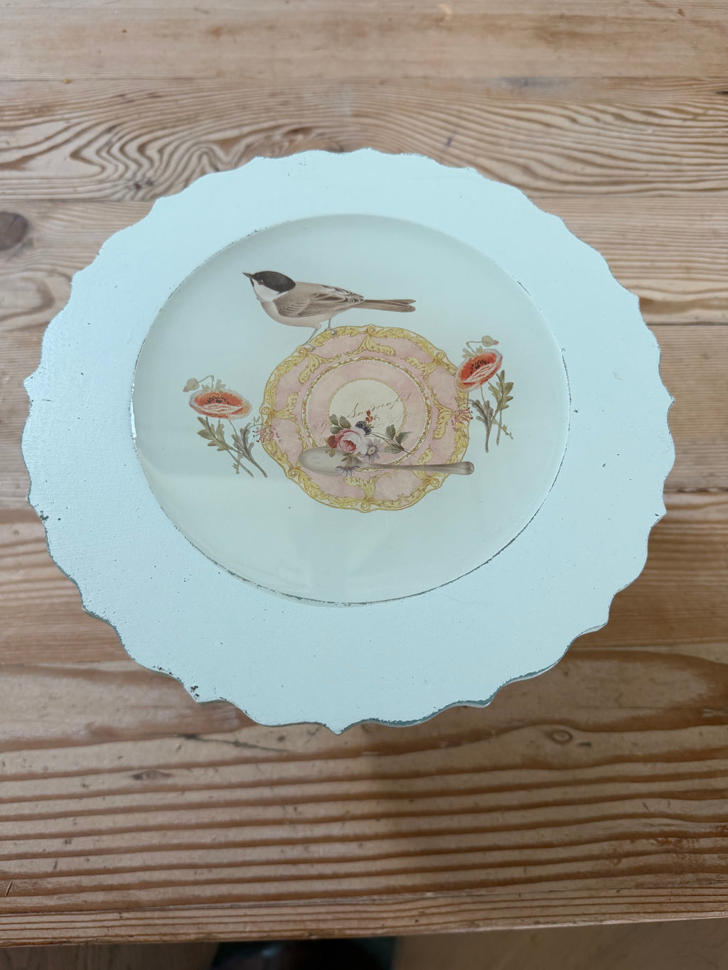 Light Blue Hand painted pedastal cake plate with resin top - Resin portion is food safe