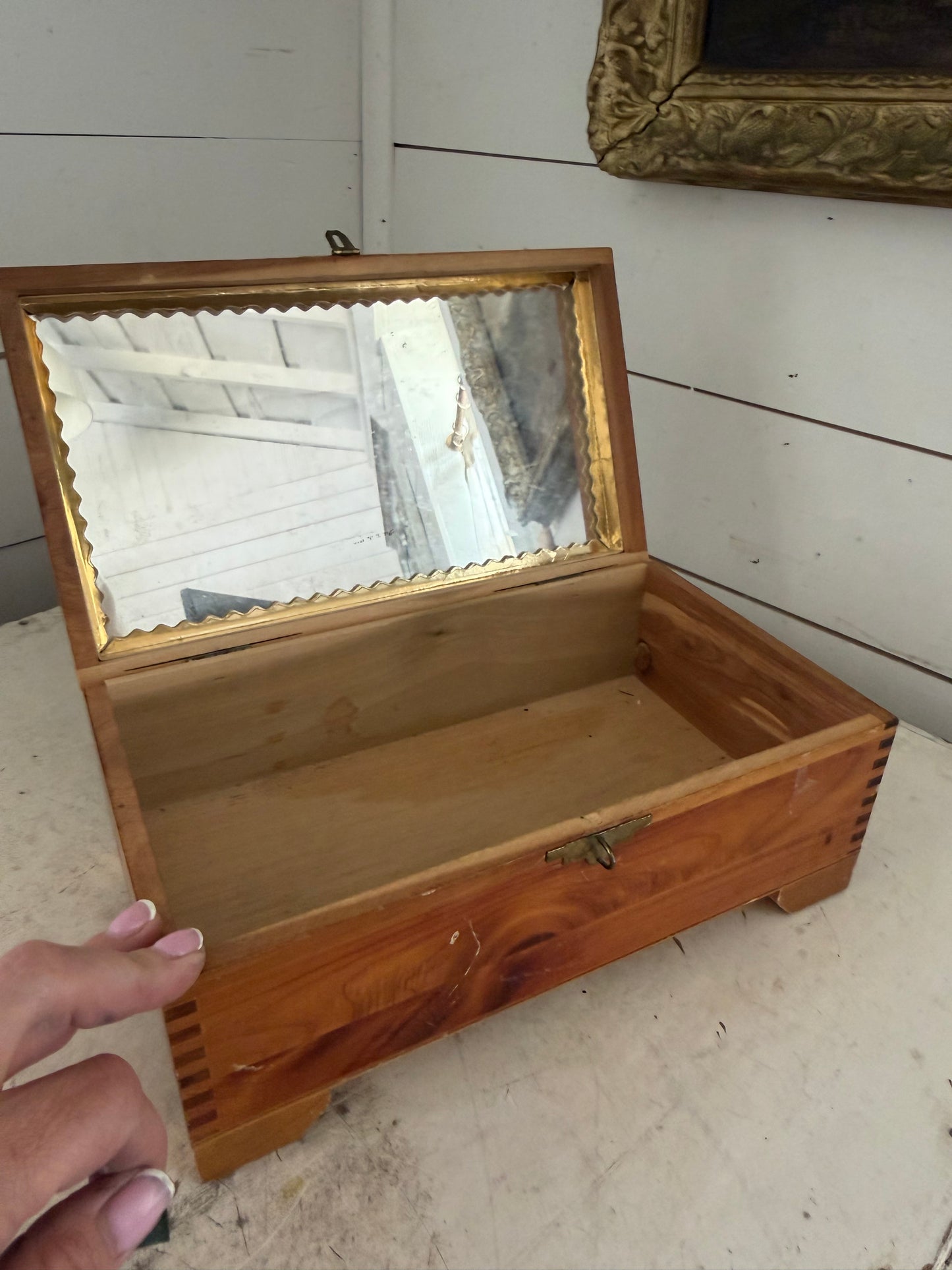Vintage Wood 1950s Carved Candy Box, Mirror Inside