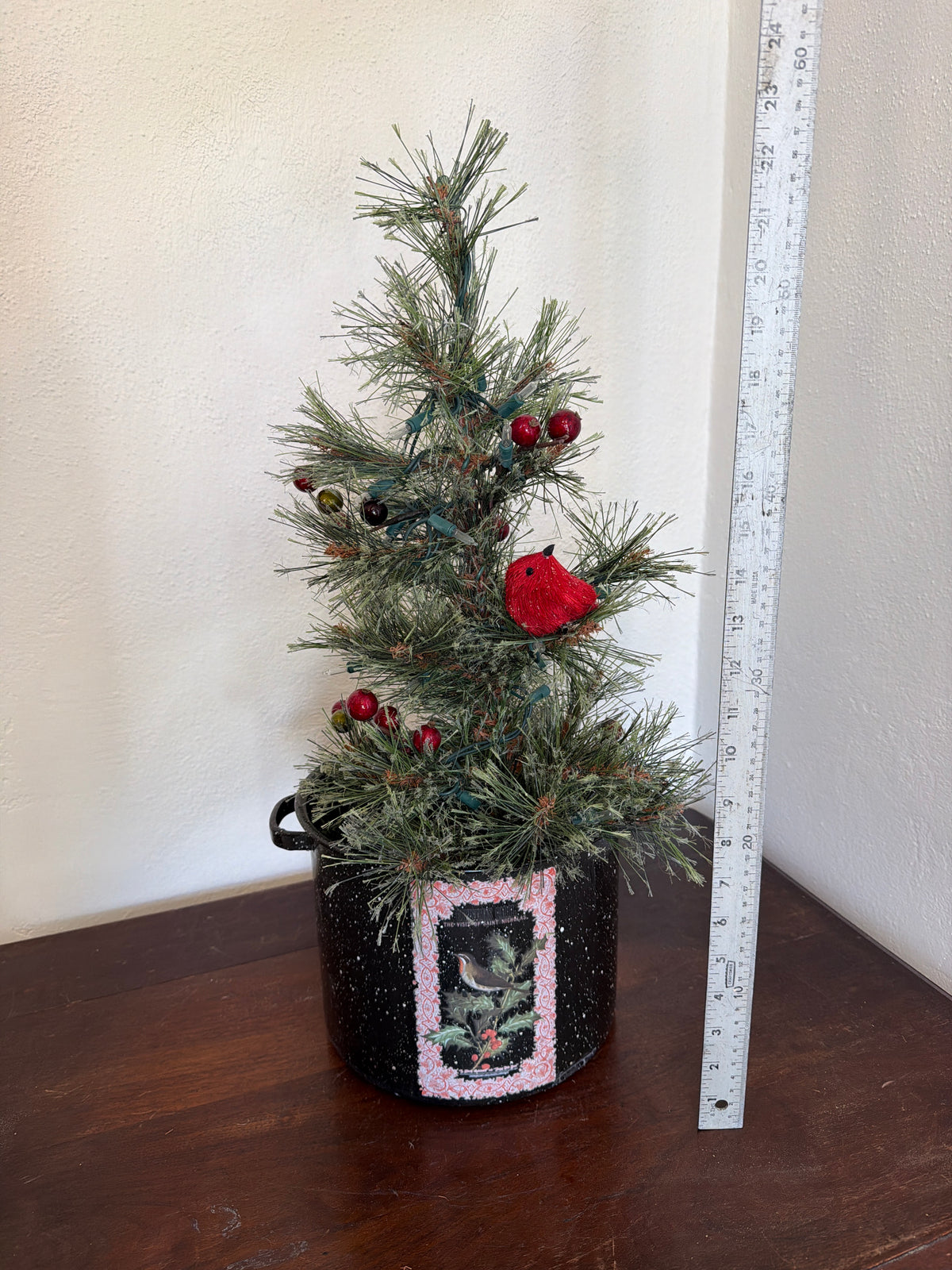 Christmas Tree with Lights in vintage Enamel Pot with mini ornaments in box