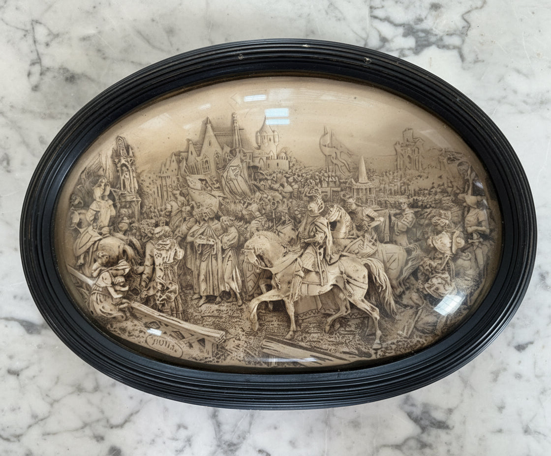 Rare Antique Oval Domed Glass French Plaster Relief Picture with Dome Glass - does have small piece of wood loose inside that I can’t get out