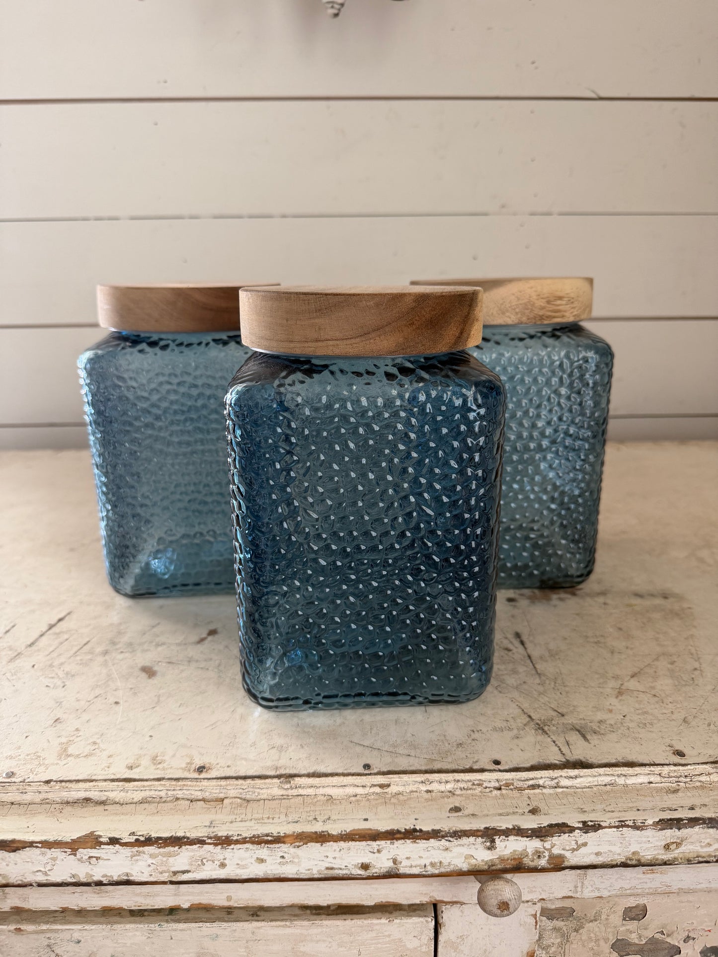 Blue canister with wooden lid sold individually