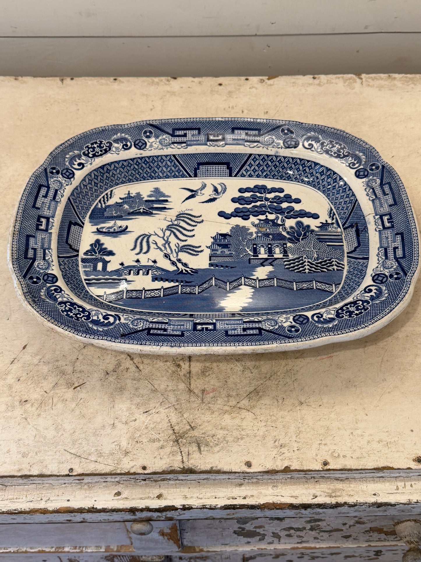 Majolica and Faience Antique Platter Blue Willow Pattern 15” - Has Crack
