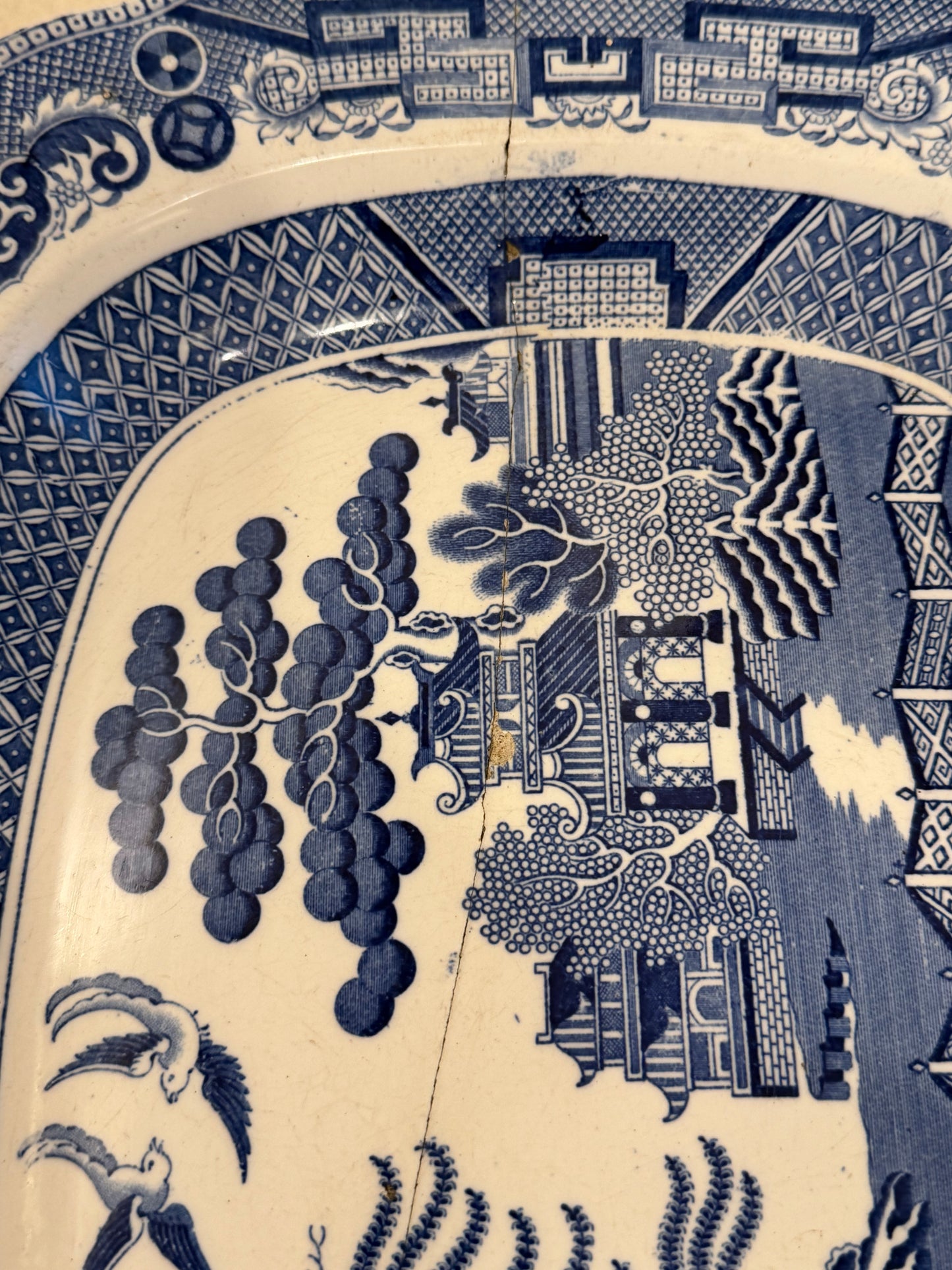 Majolica and Faience Antique Platter Blue Willow Pattern 15” - Has Crack