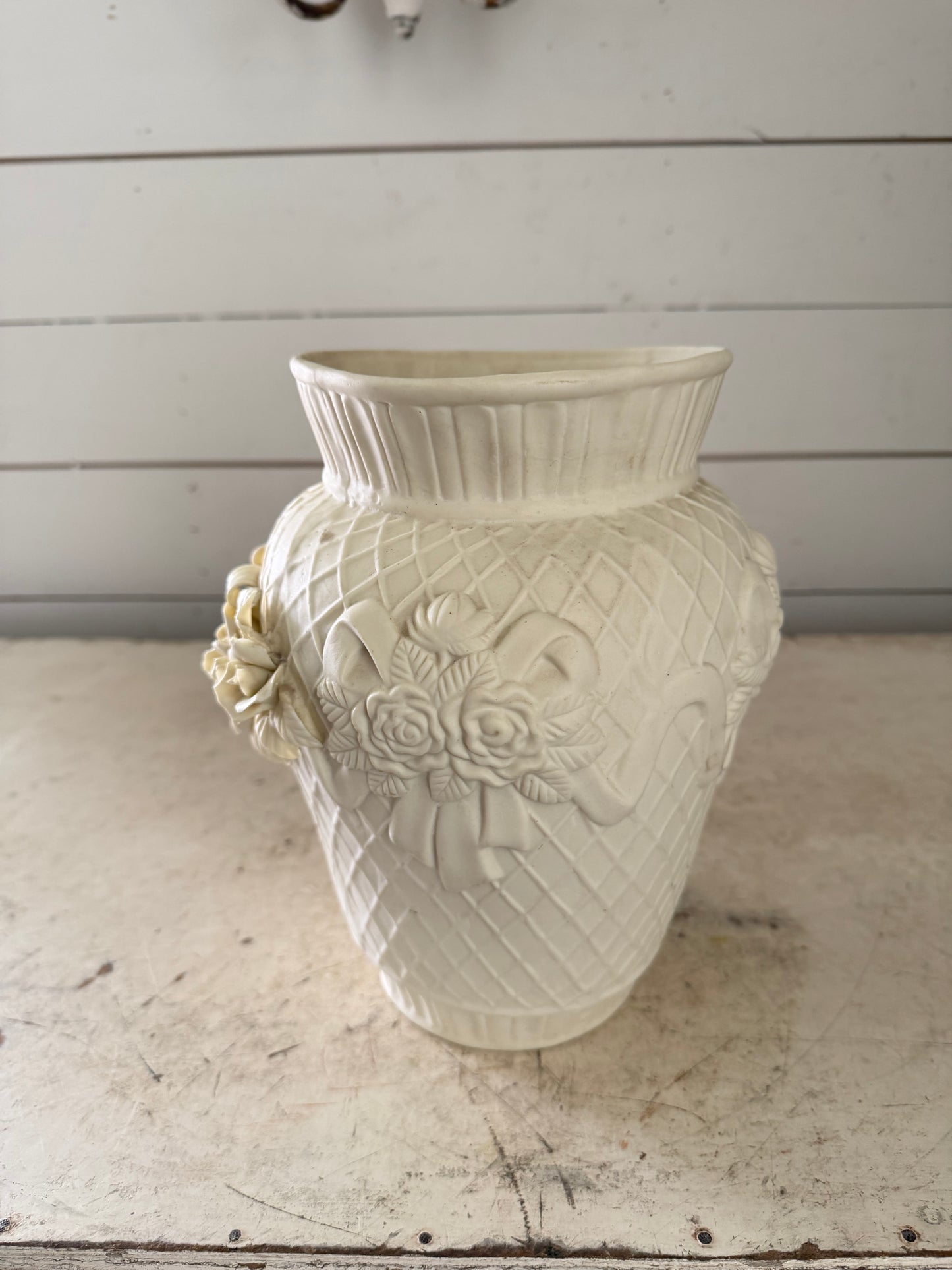 Vintage Ivory Bisque Vase With Floral Detail 9-1/2” tall - Will get makeover