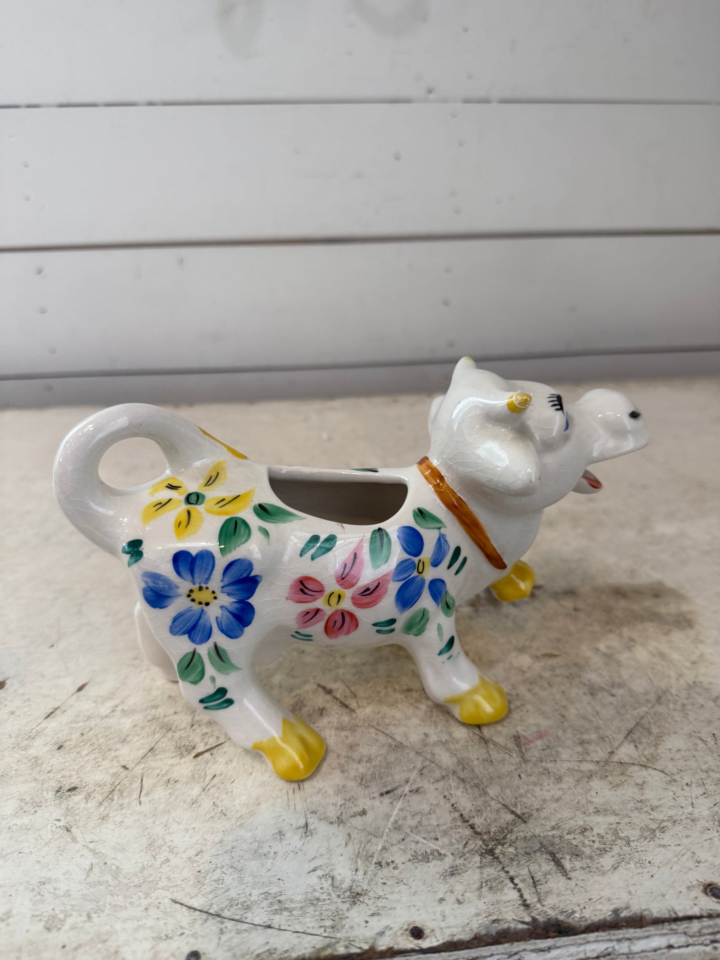 VINTAGE ARTHUR WOODS Ceramic Creamer White with Hand Painted Floral Design