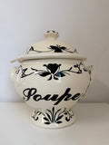 Vintage Ceramic Soup Tureen with Black & Cream Floral "Soupe"