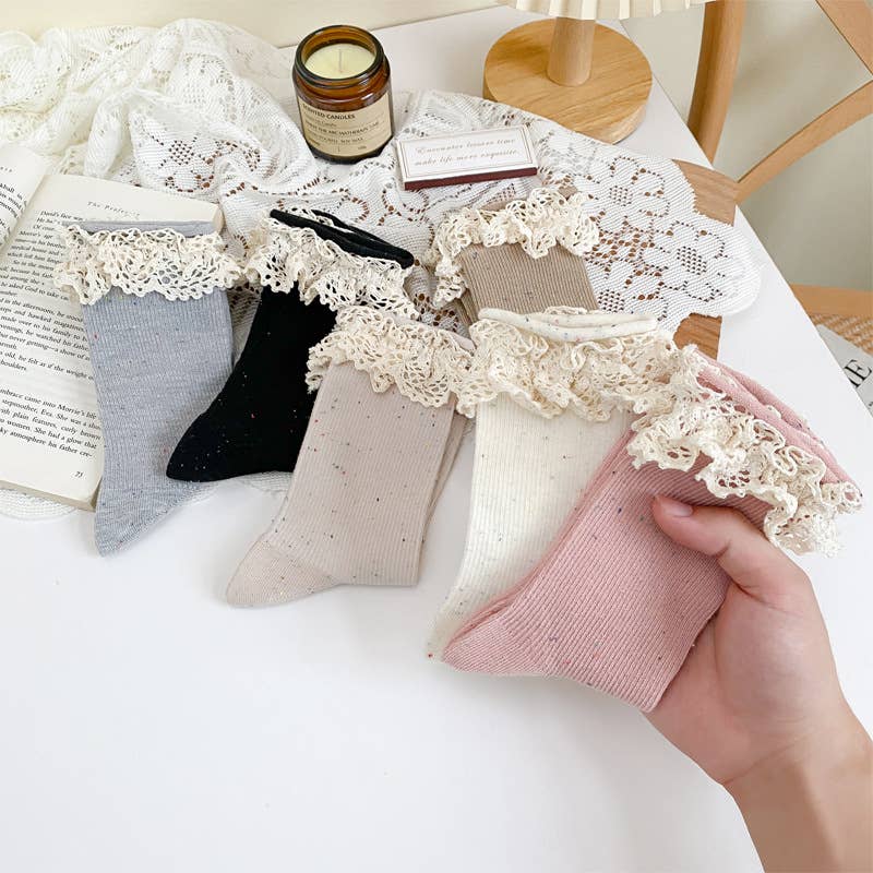 Lace ruffle girl style solid socks