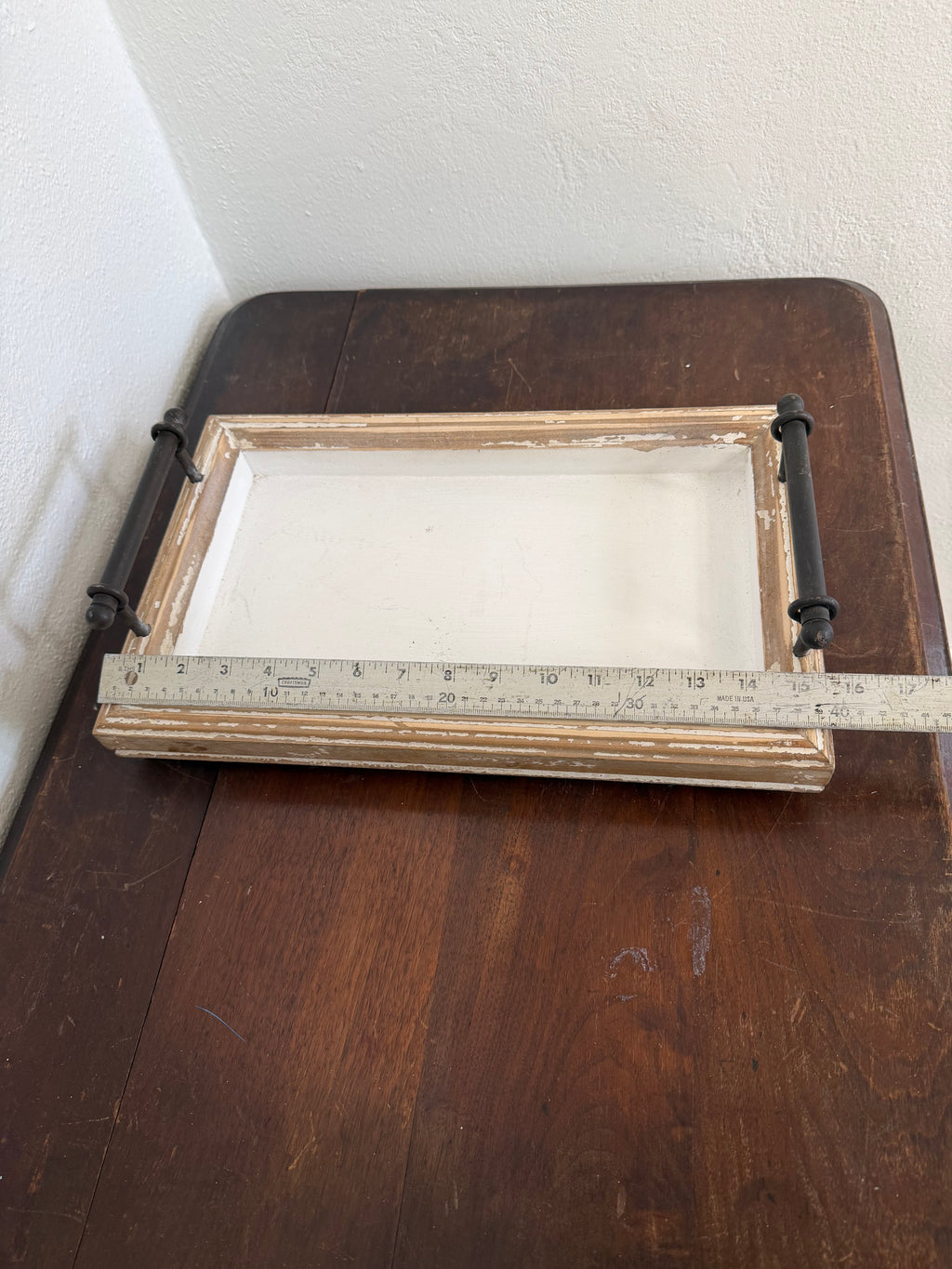 White Washed Wood Tray with Metal Handles