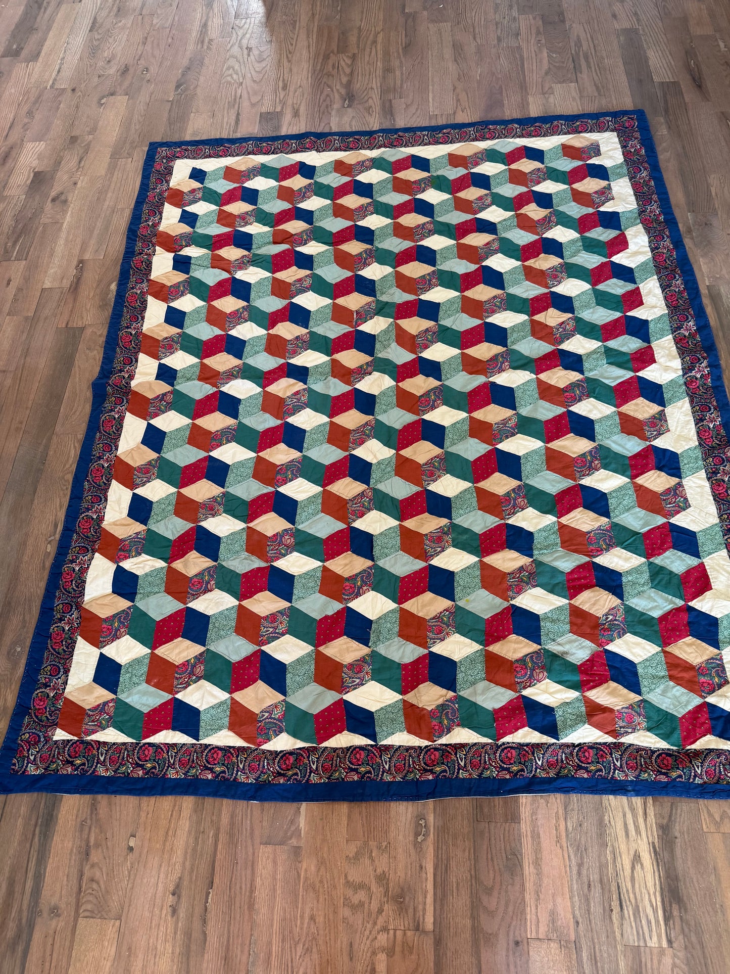 Vintage Tumbling Blocks Hand Pieced Twin Quilt - as is has imperfections